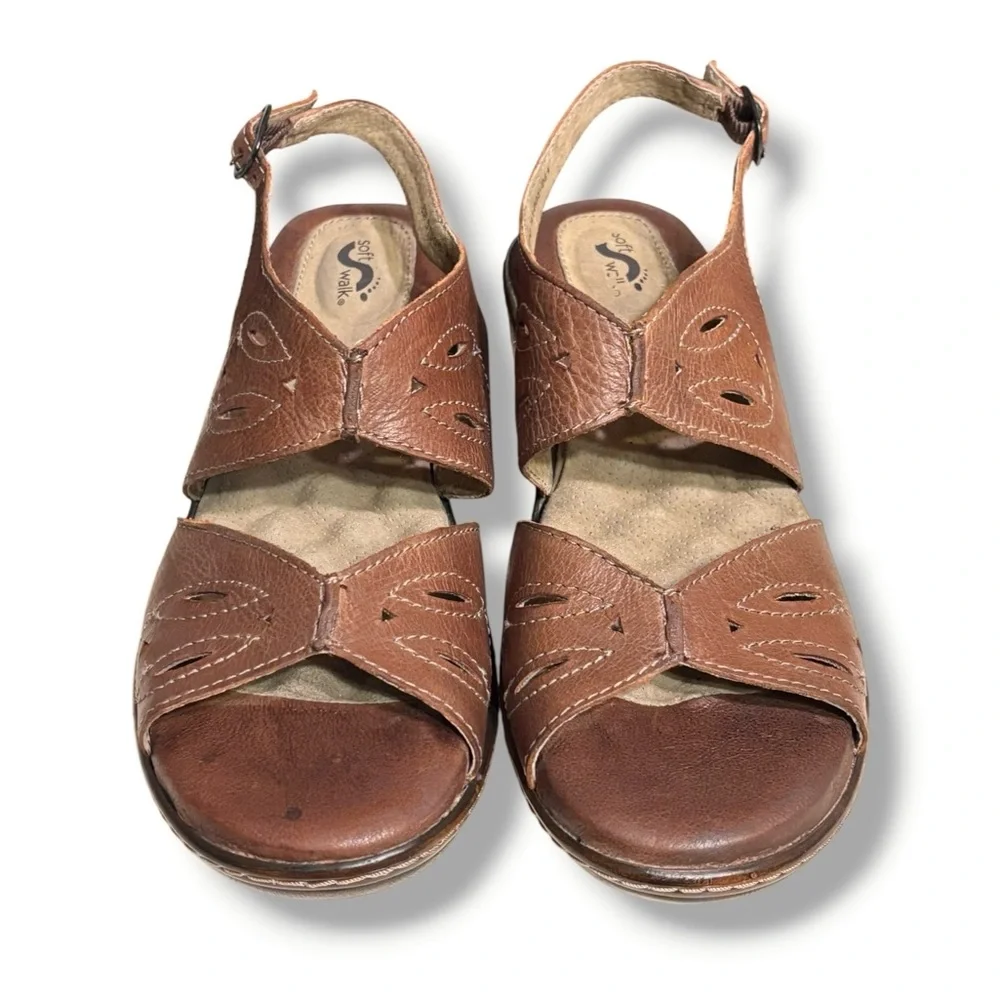 SOFTWALK Melo Brown Perforated Leather Wedge Slingback Sandals Size 8